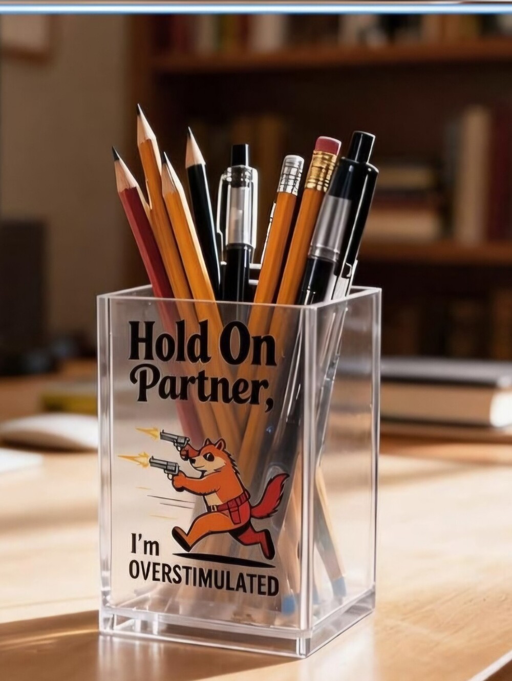 Clear Acrylic Pencil Cup - 'Hold On Partner' Design - Clear